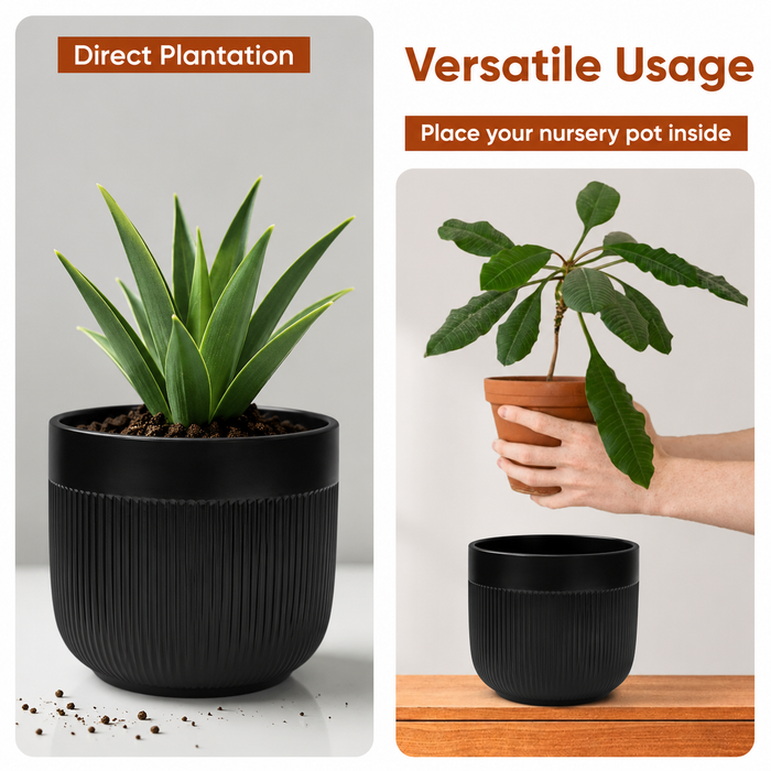 Elaris Ribbed Ceramic Planter Set - Contemporary Black