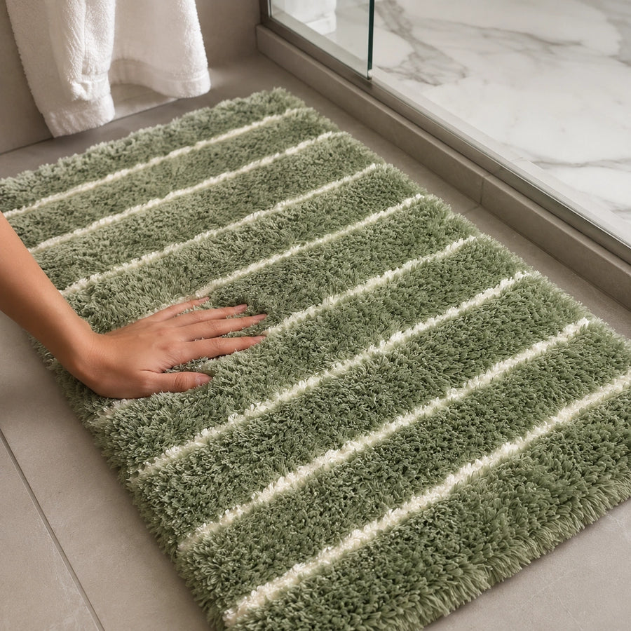 Sage Green & White Striped Anti Slip Bath Mat, 50 x 80 cm