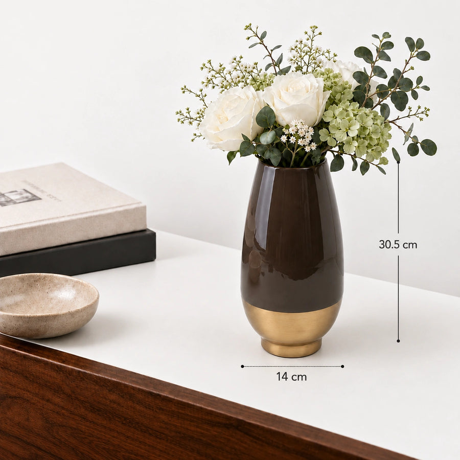 Elaris Tall  Chocolate Brown Ceramic-Finish Vase with Gold Base