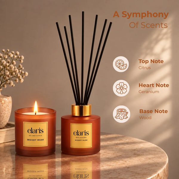 Elaris Woody Musk Candle & Reed Diffuser Gift Set