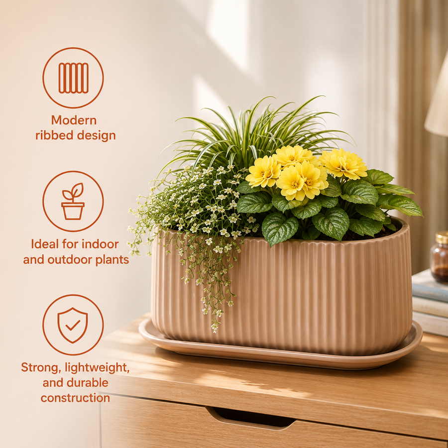 Elaris Ribbed Rectangular Planter with Drainage Tray - Peach