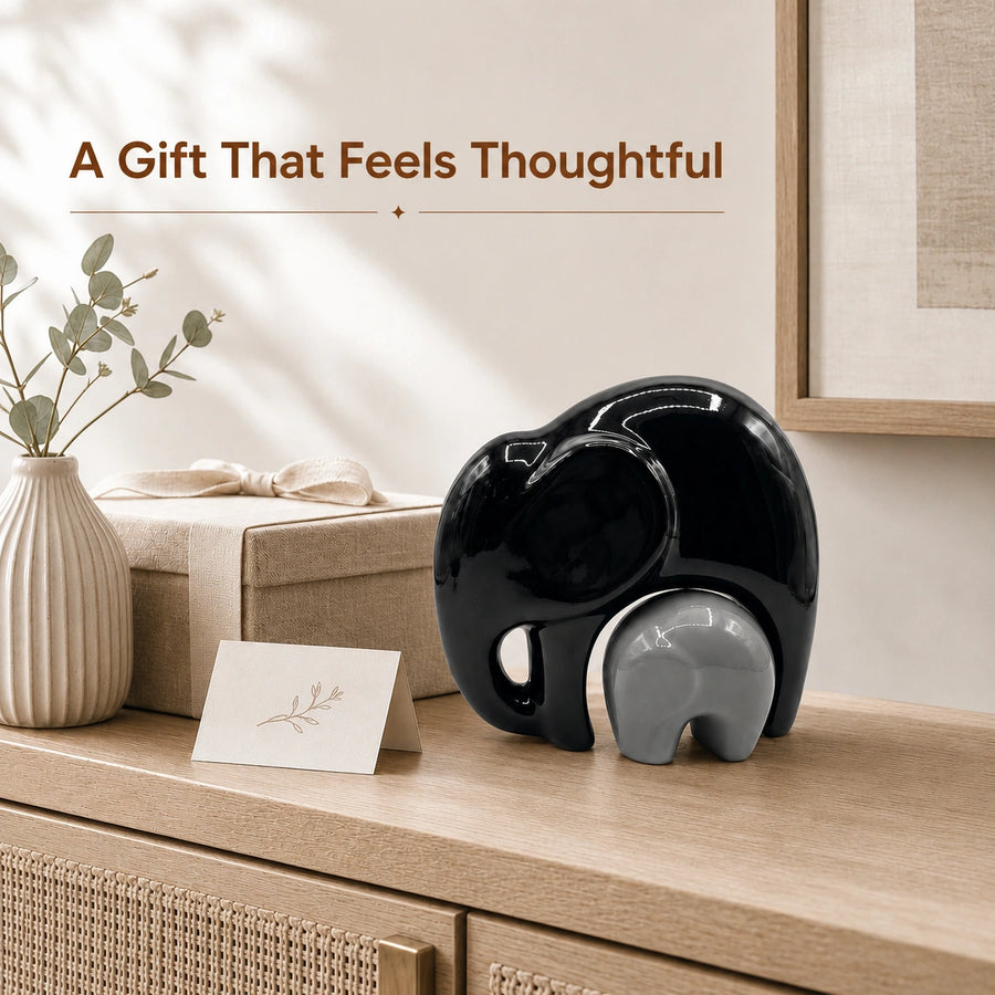 Elaris Elephant Family Showpiece - Black & Grey Ceramic Duo