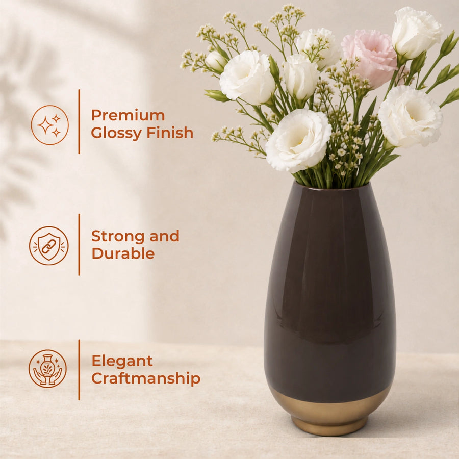 Elaris Tall  Chocolate Brown Ceramic-Finish Vase with Gold Base