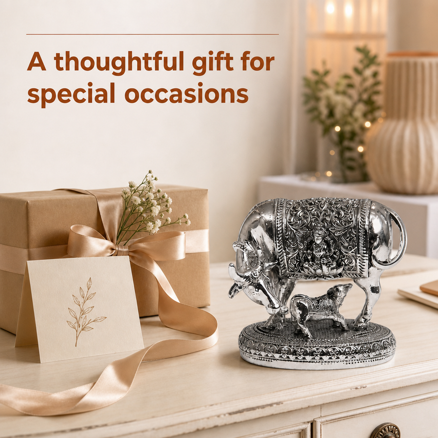 Elaris Kamdhenu Cow Idol – Medium, Silver Plated Showpiece