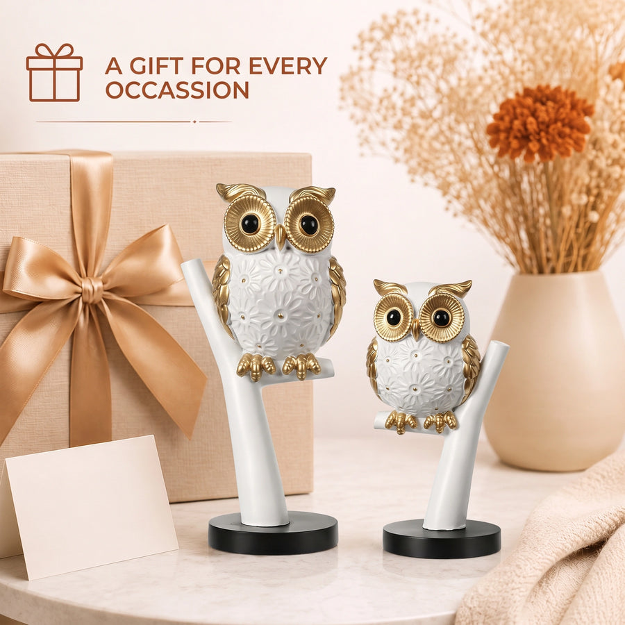 Elaris Owl Figurine Set - White & Gold Showpiece Duo