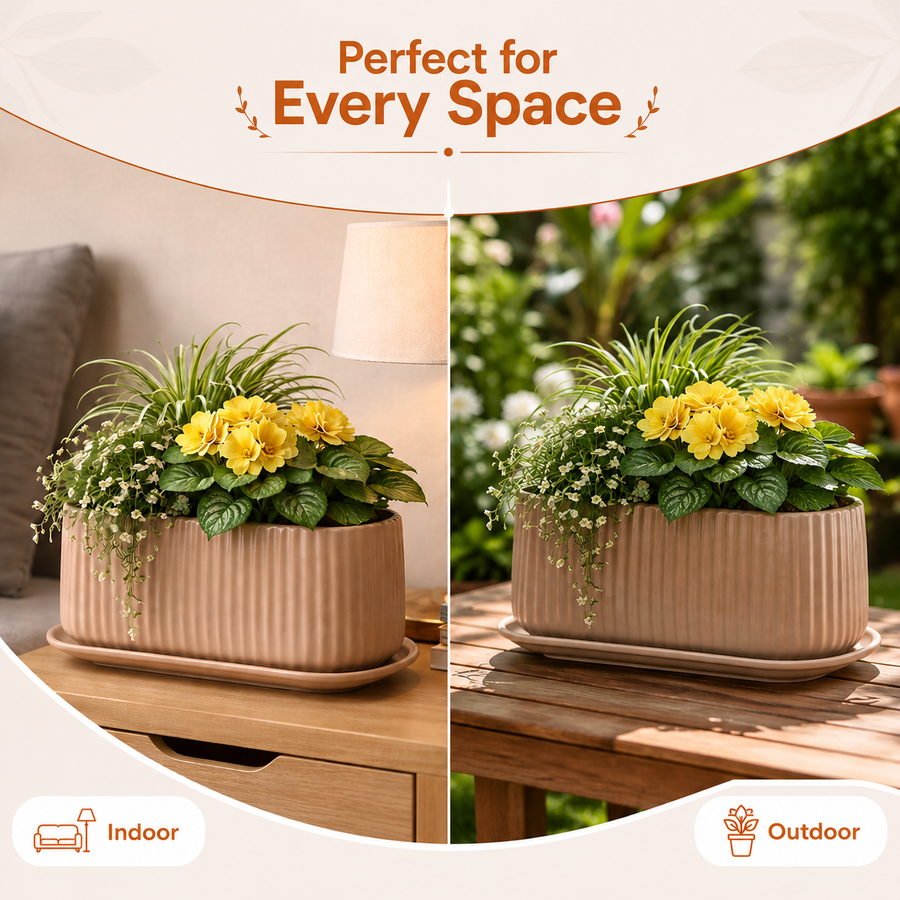 Elaris Ribbed Rectangular Planter with Drainage Tray - Peach