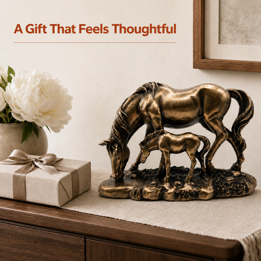 Elaris Graceful Mare & Foal Horse Sculpture Showpiece for Home & Office Décor | Nature-Inspired Decorative Figurine for Living Room, Study, Shelf & Console Table Styling