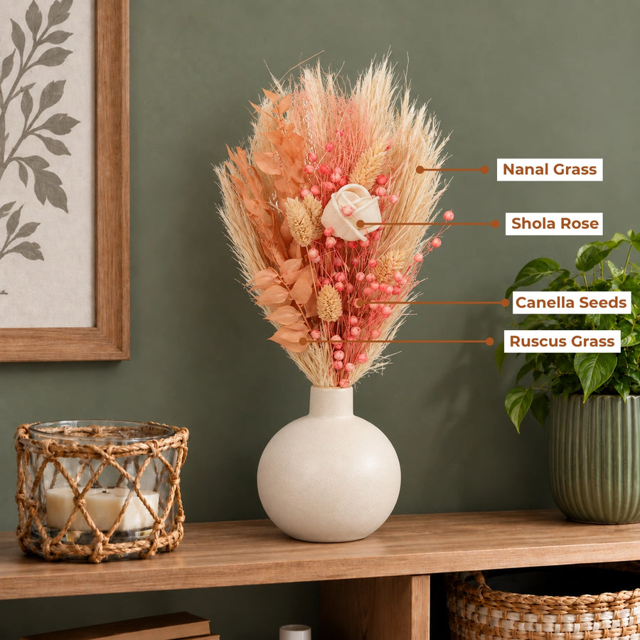 Elaris Peach Blush Dried Blooms With Vase
