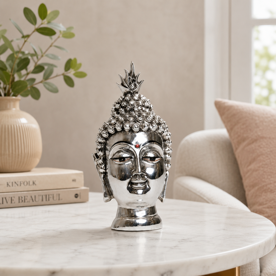 Elaris Buddha Face Idol – Silver Plated Home Showpiece