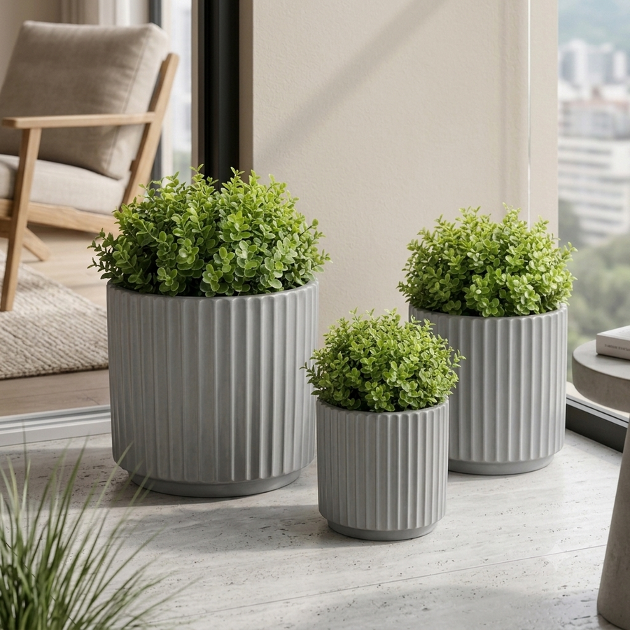 Elaris Ribbed Ceramic Planter Set - Timeless Grey, Set of 3