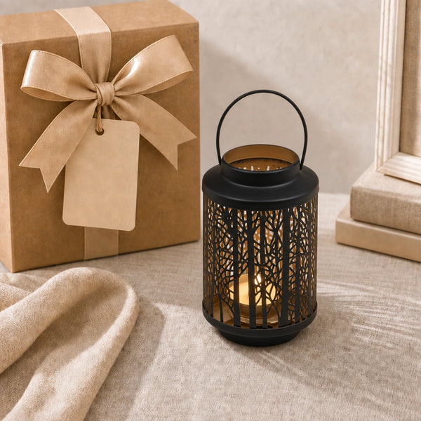 Elaris Cutwork Candle Lantern – Black & Gold, Iron