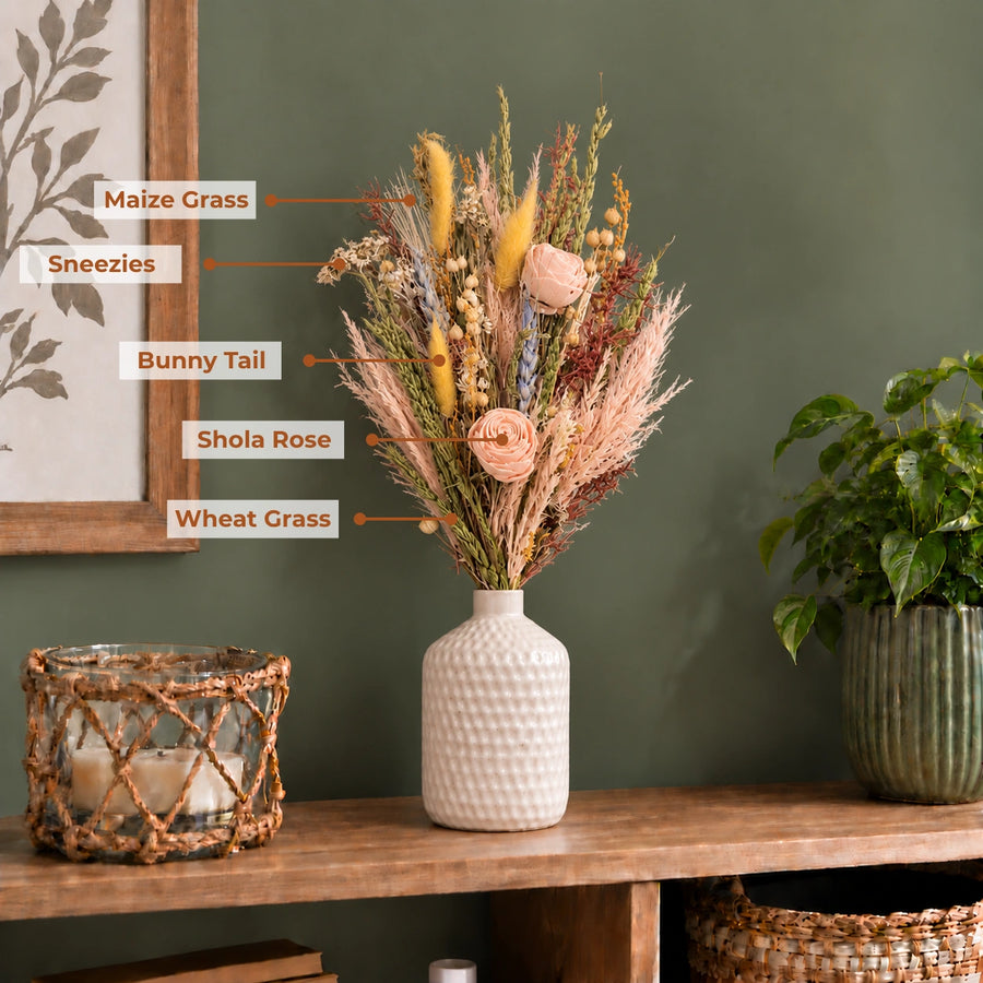 Elaris Pink Petal Dried Blooms With Vase