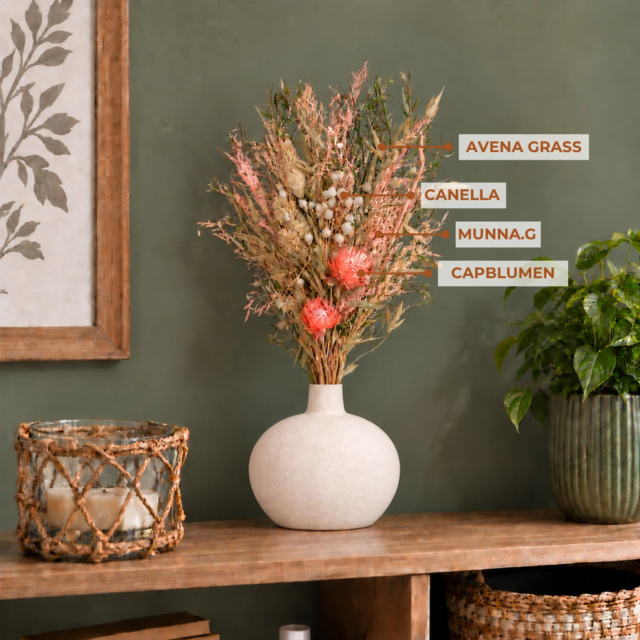 Elaris Rosé Blush Dried Blooms With  Vase