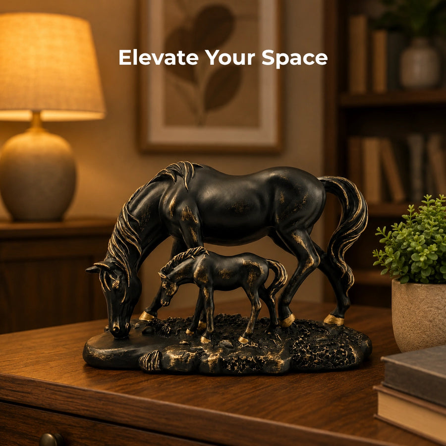 Elaris Mare & Foal Showpiece - Sleek Black Modern Finish