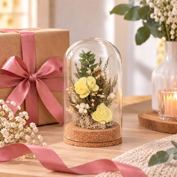 Elaris  Dried Flower Glass Dome – Yellow & Green