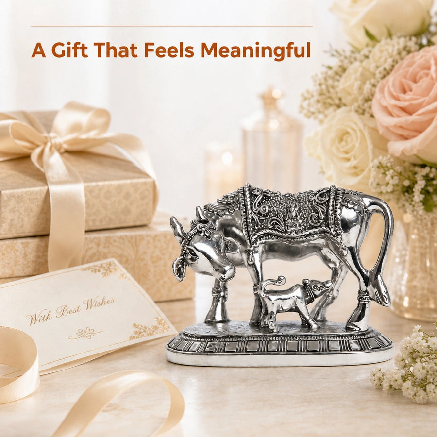 Elaris Kamdhenu Cow Idol – Medium, Silver Plated Showpiece