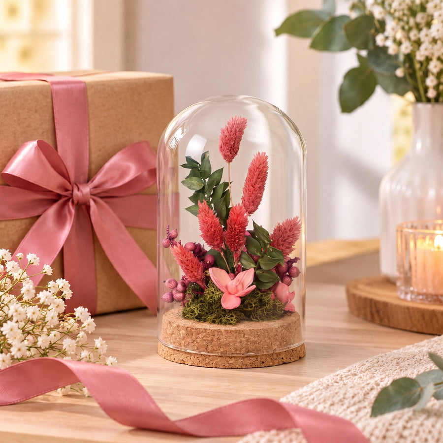 Elaris  Dried Flower Glass Dome – Coral Pink & Green