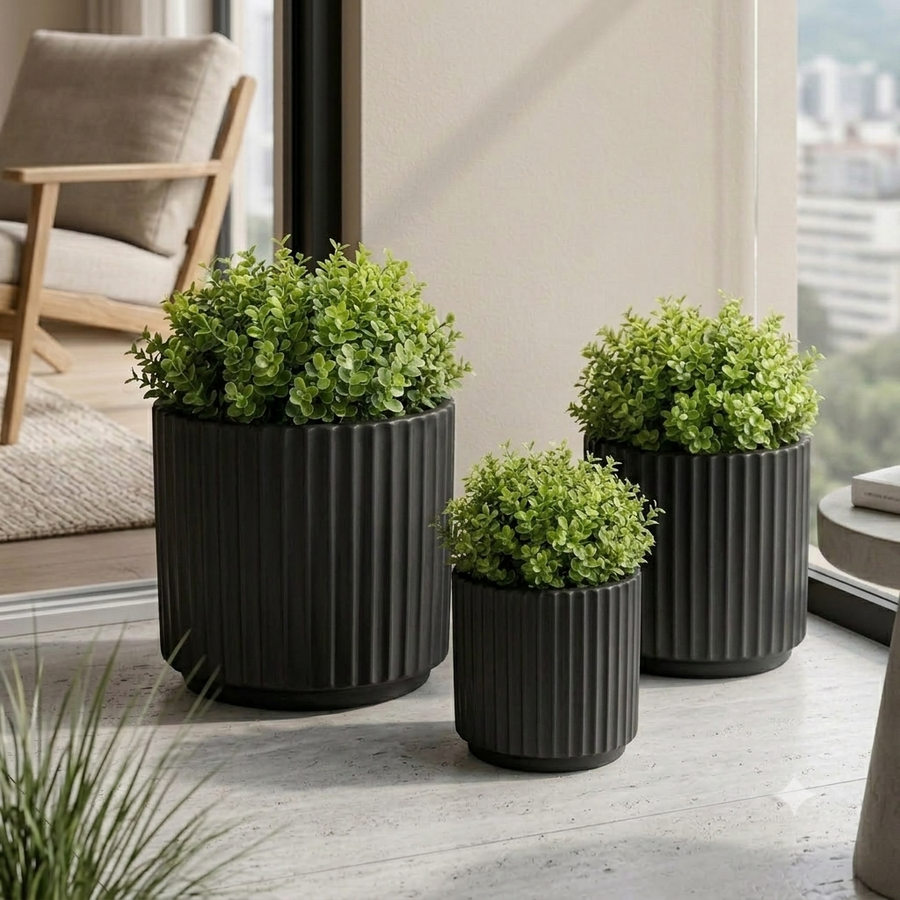 Elaris Ribbed Ceramic Planter Set - Striking Textured Black