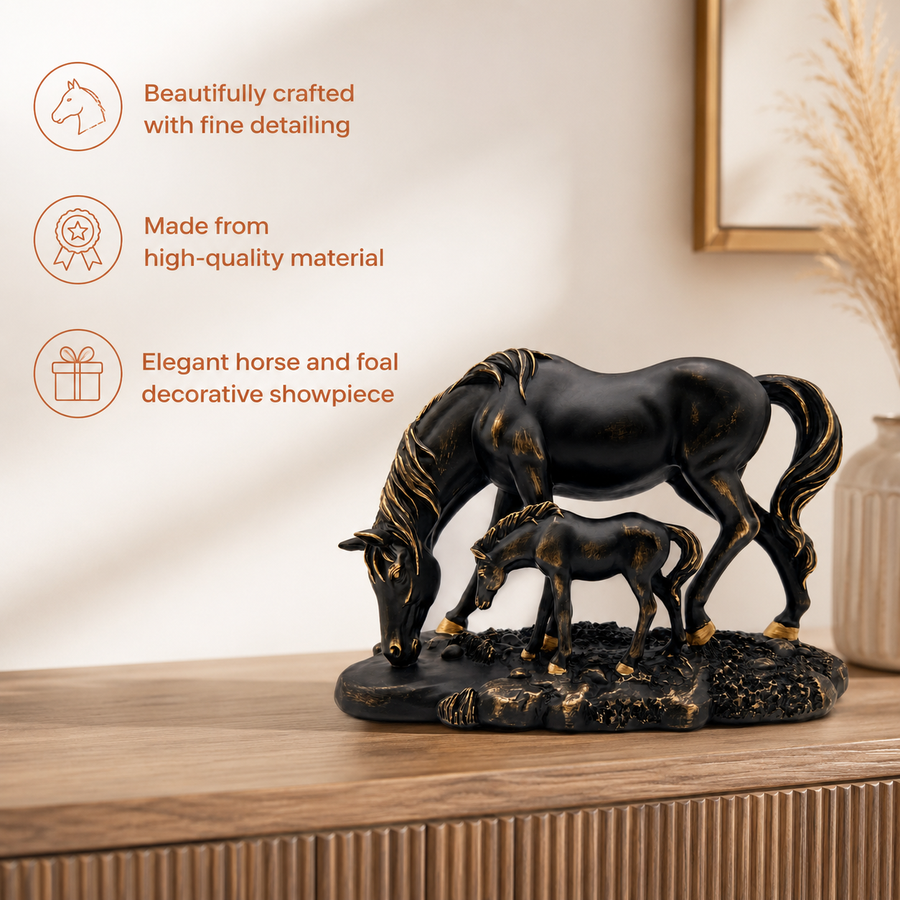 Elaris Mare & Foal Showpiece - Sleek Black Modern Finish