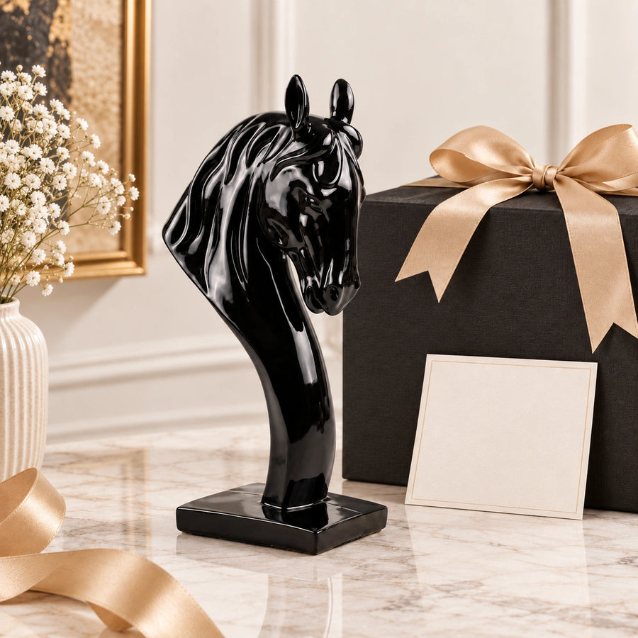 Elaris Horse Head Sculpture - Glossy Black Showpiece