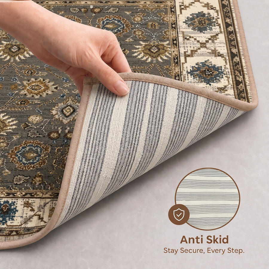 Charcoal Teal Heritage Anti-skid Washable Carpet & 2 Runner Set