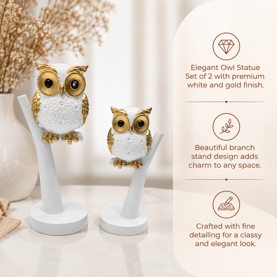 Elaris Owl Figurine Set - White & Gold Showpiece Duo