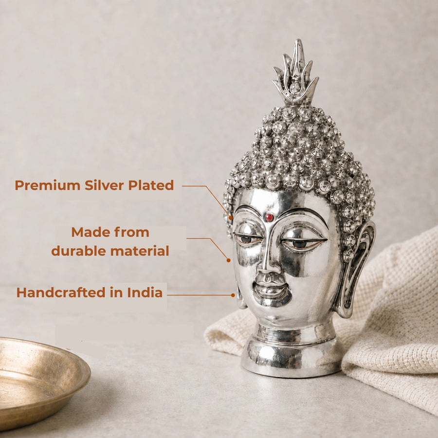 Elaris Buddha Face Idol – Silver Plated Home Showpiece