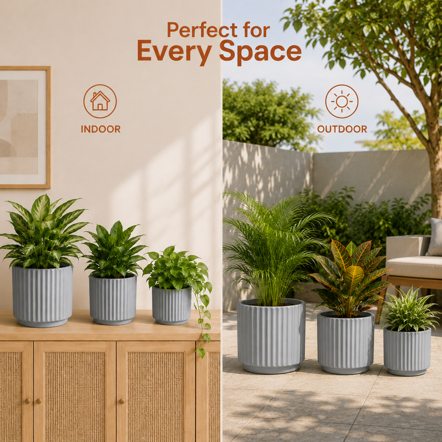 Elaris Ribbed Ceramic Planter Set - Timeless Grey, Set of 3