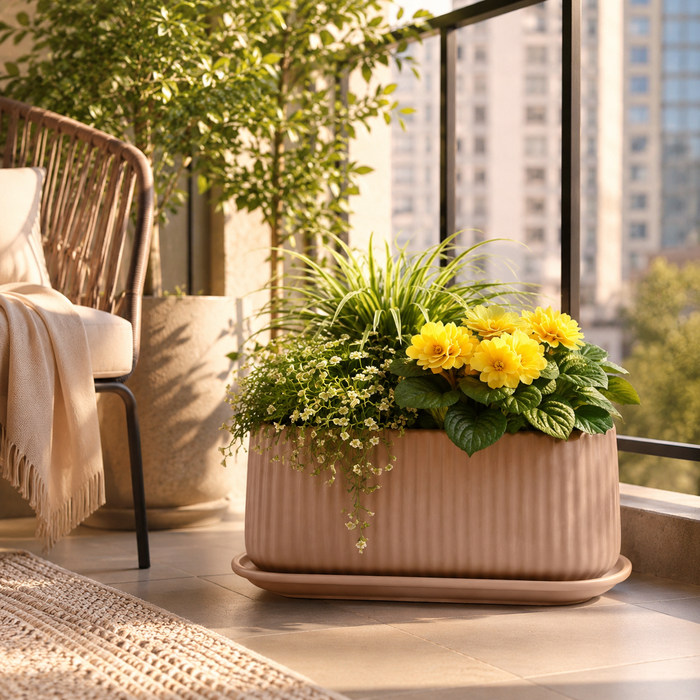 Elaris Ribbed Rectangular Planter with Drainage Tray - Peach