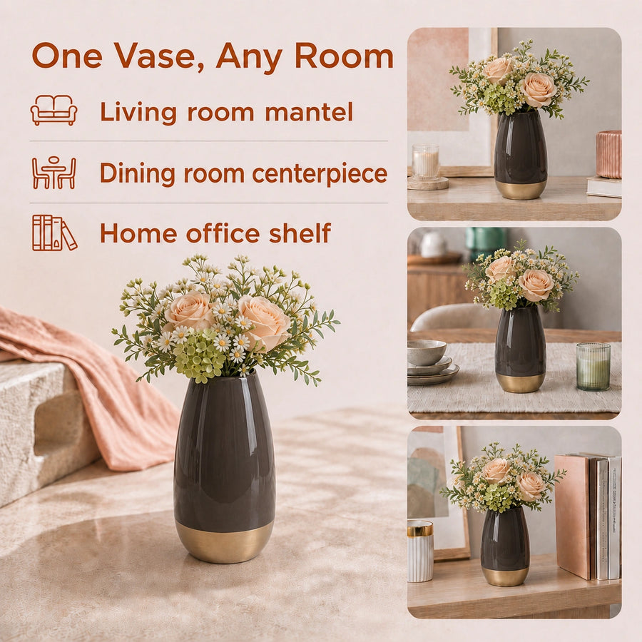 Elaris Tall  Chocolate Brown Ceramic-Finish Vase with Gold Base