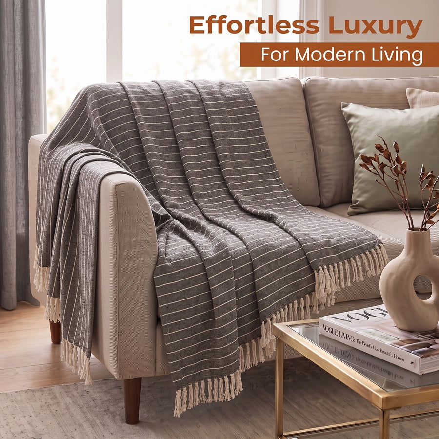 Elaris Grey Pinstripe Grid Throw