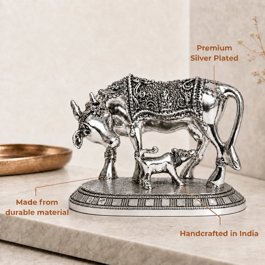 Elaris Kamdhenu Cow Idol – Medium, Silver Plated Showpiece