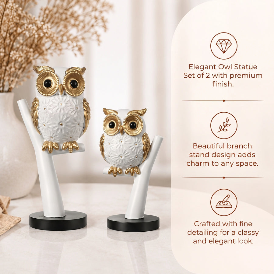 Elaris Owl Figurine Set - White & Gold Showpiece Duo