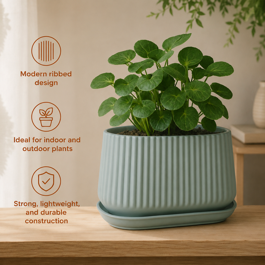 Elaris Ribbed Rectangular Planter with Drainage Tray - Green