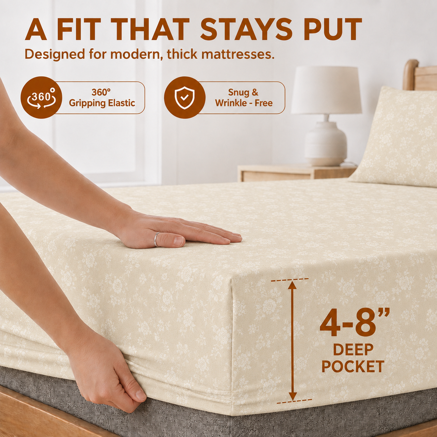 Elaris Self Print Beige Queen Fitted 100% Cotton Bedsheet Set