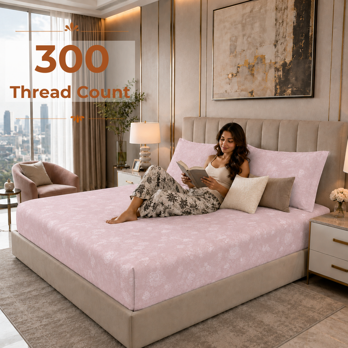 Elaris Self Print Pink King Fitted 100% Cotton Bedsheet Set