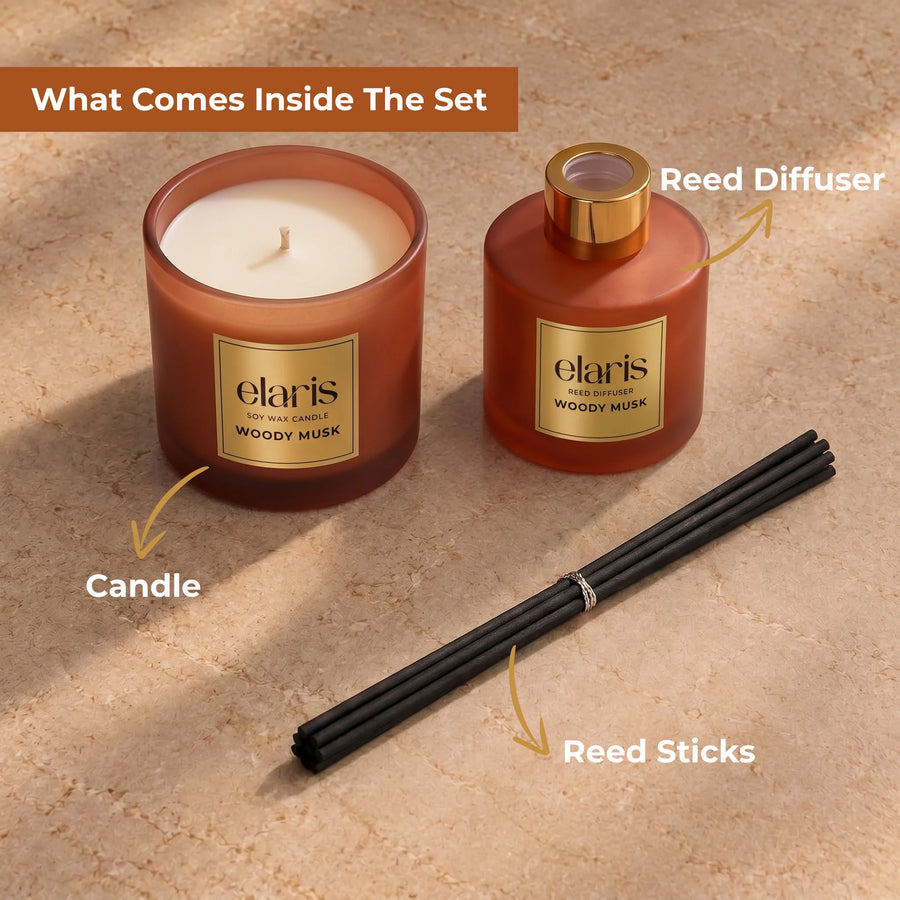 Elaris Woody Musk Candle & Reed Diffuser Gift Set