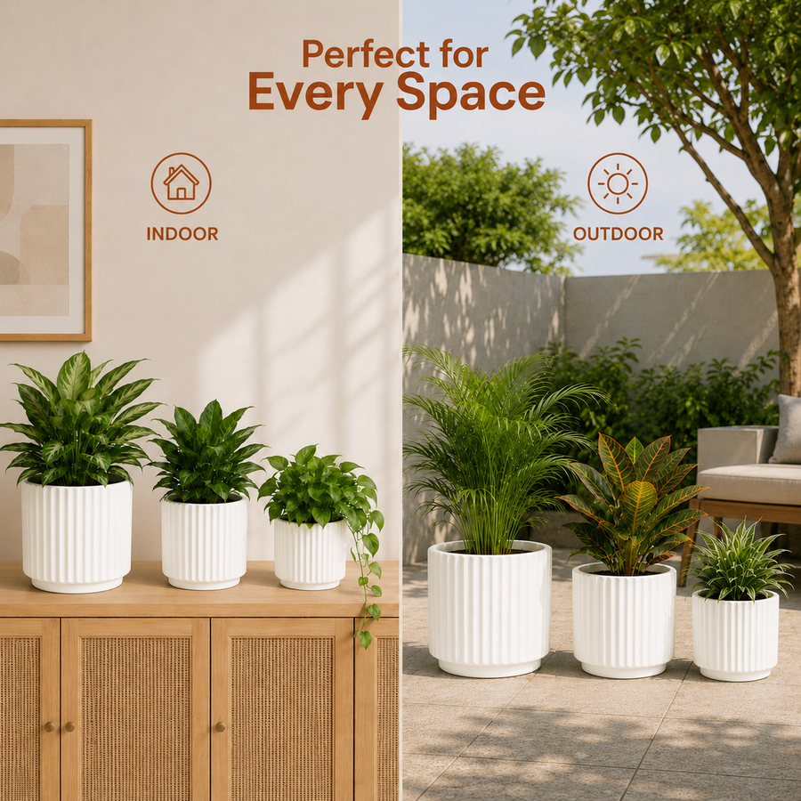 Elaris Ribbed Ceramic Planter Set - Graceful White, Set of 3