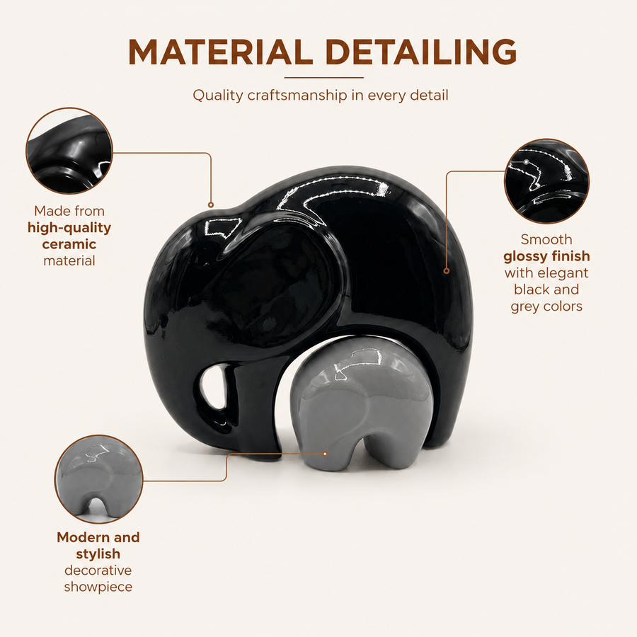 Elaris Elephant Family Showpiece - Black & Grey Ceramic Duo