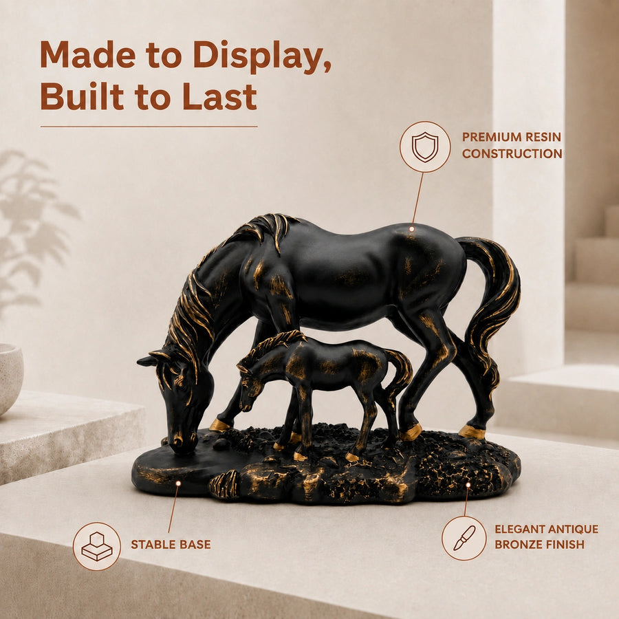 Elaris Mare & Foal Showpiece - Sleek Black Modern Finish