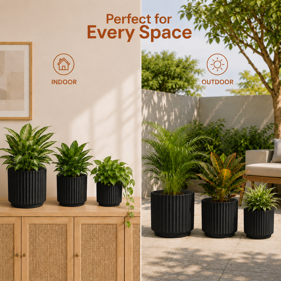 Elaris Ribbed Ceramic Planter Set - Striking Textured Black
