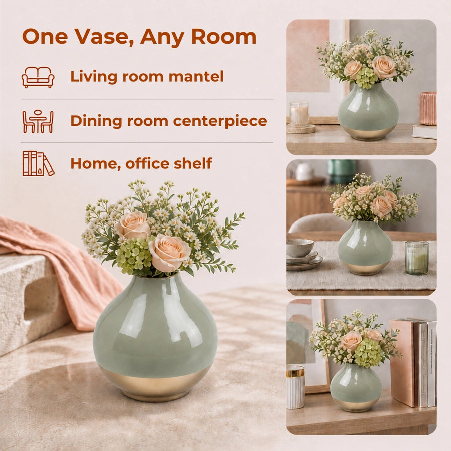 Elaris Round Mint Green  Ceramic-Finish Vase with Gold Base