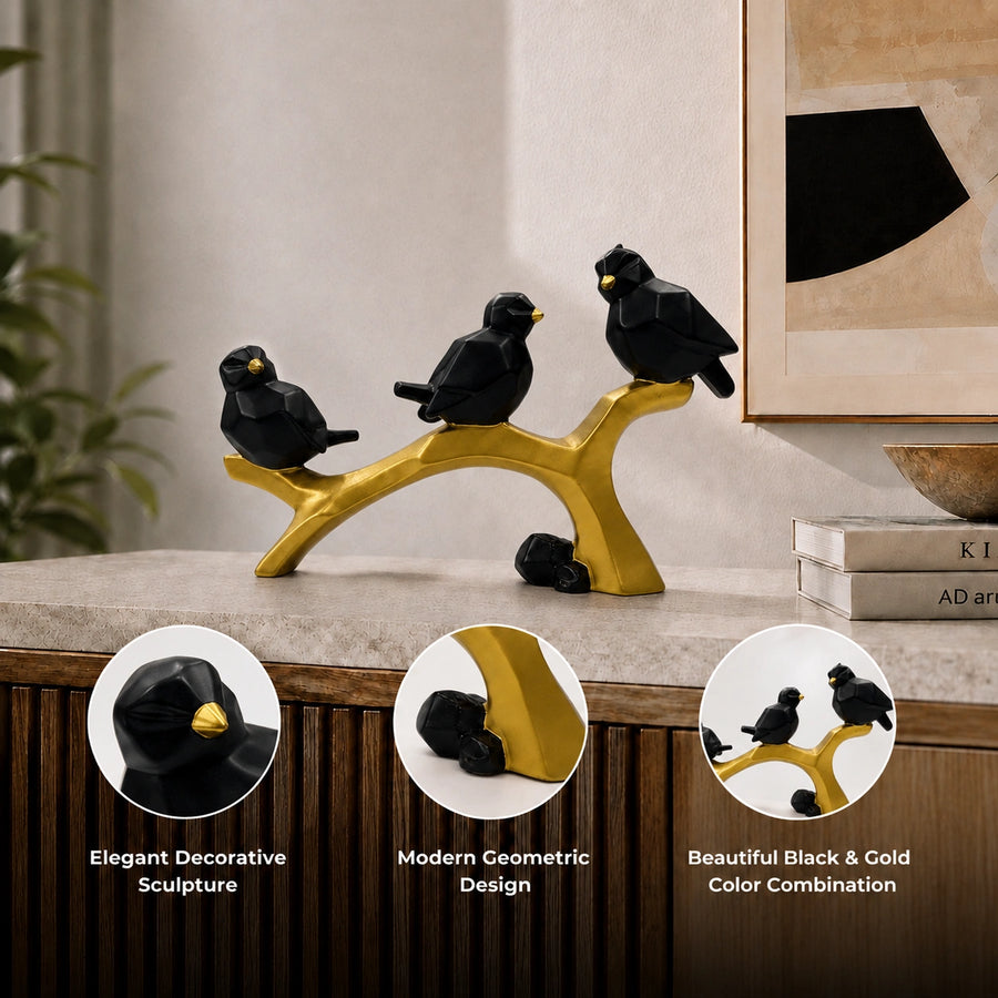 Elaris Birds Trio Showpiece - Black & Gold Branch Sculpture