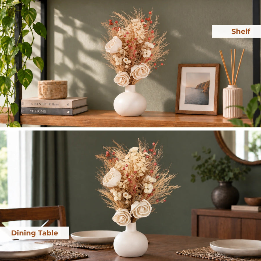 Elaris White Frost Dried Blooms With Vase
