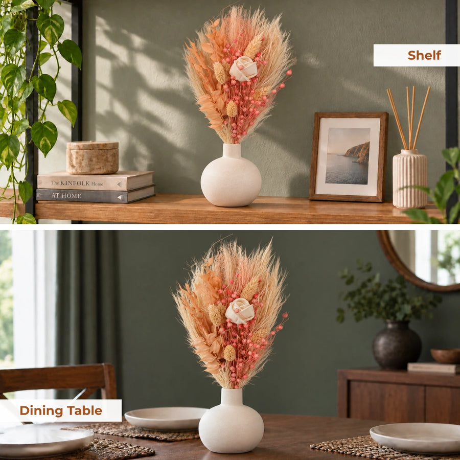 Elaris Peach Blush Dried Blooms With Vase