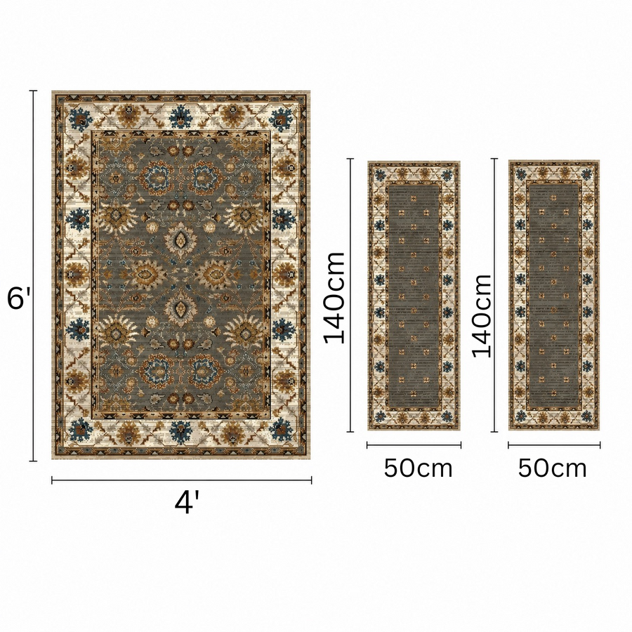 Charcoal Teal Heritage Anti-skid Washable Carpet & 2 Runner Set