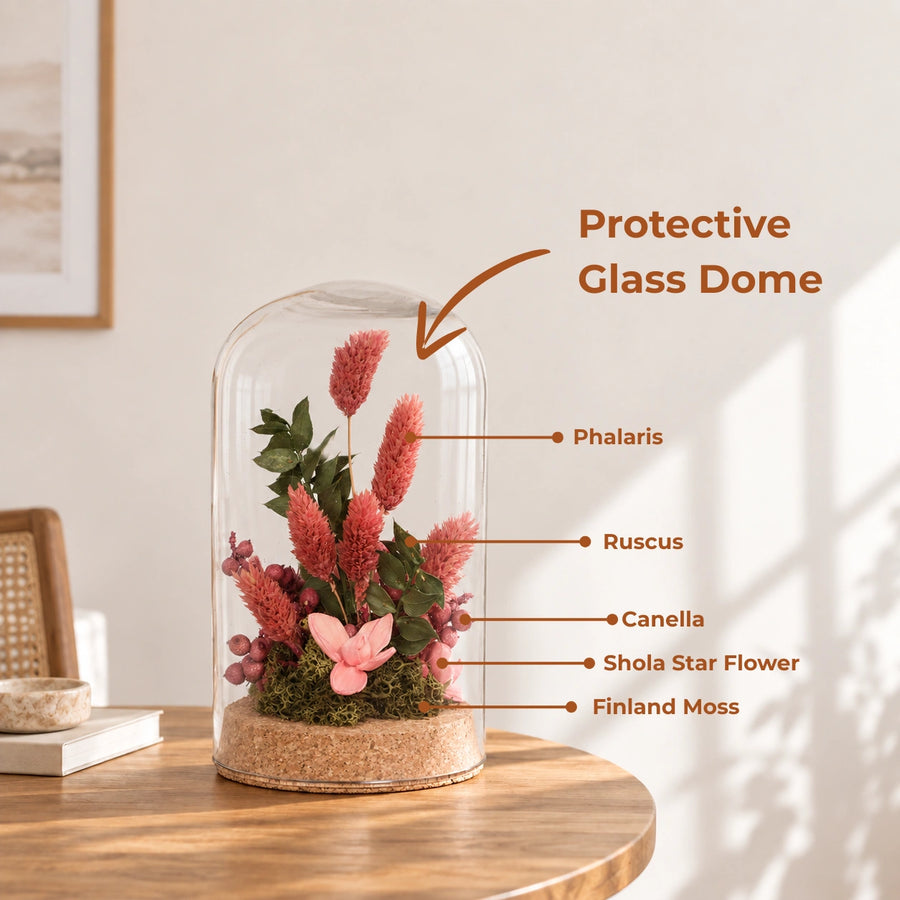 Elaris  Dried Flower Glass Dome – Coral Pink & Green