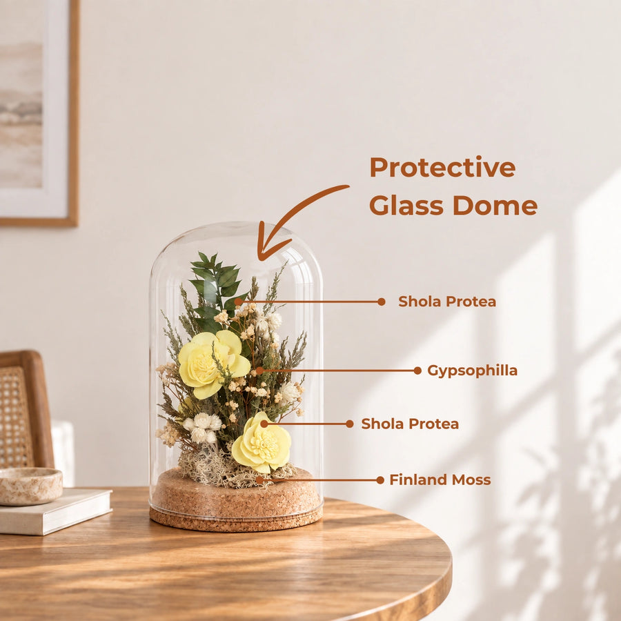 Elaris  Dried Flower Glass Dome – Yellow & Green