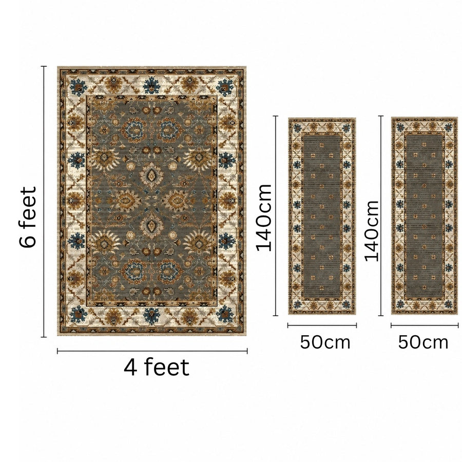 Charcoal Teal Heritage Anti-skid Washable Carpet & 2 Runner Set