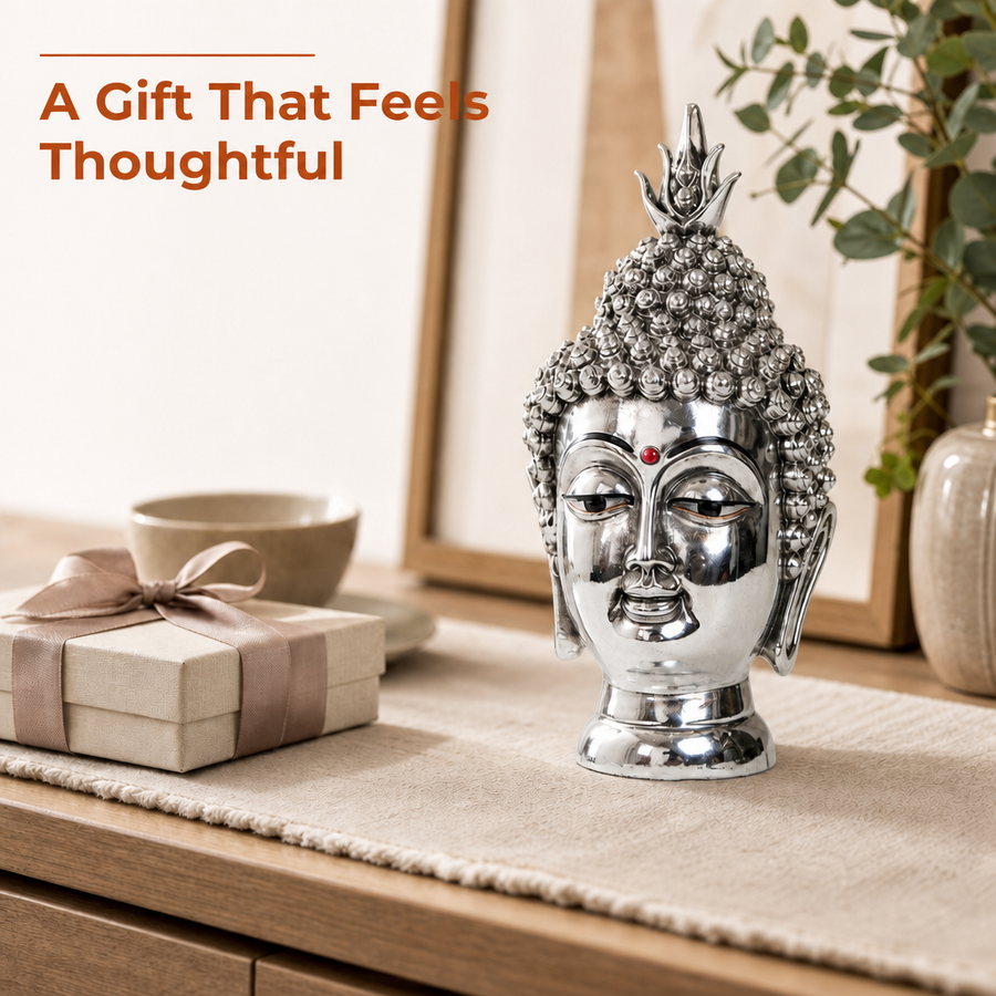 Elaris Buddha Face Idol – Silver Plated Home Showpiece